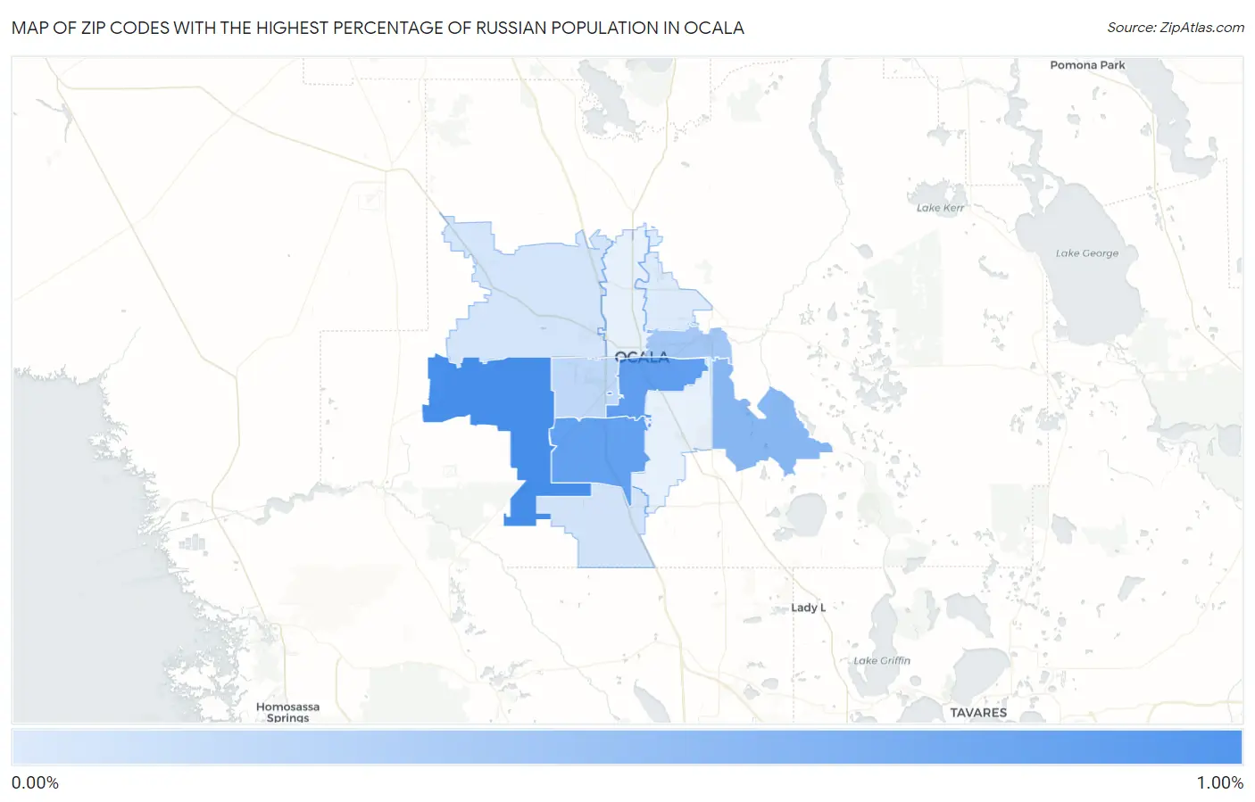 Zip Codes with the Highest Percentage of Russian Population in Ocala Map