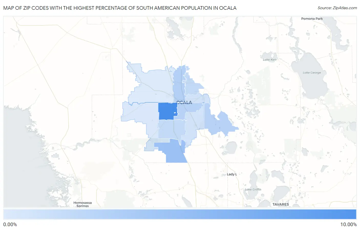 Zip Codes with the Highest Percentage of South American Population in Ocala Map