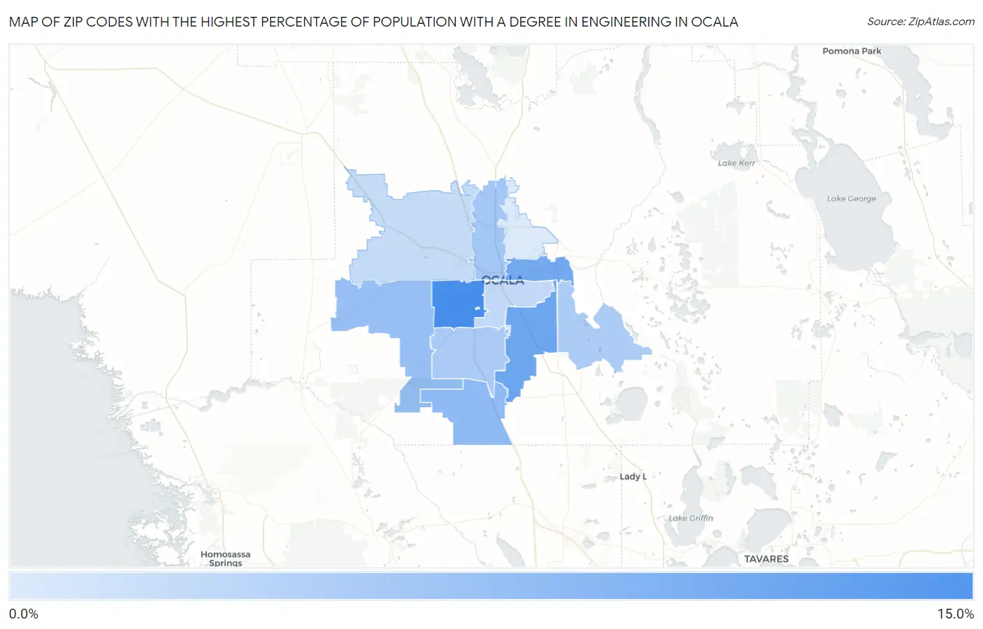 Zip Codes with the Highest Percentage of Population with a Degree in Engineering in Ocala Map