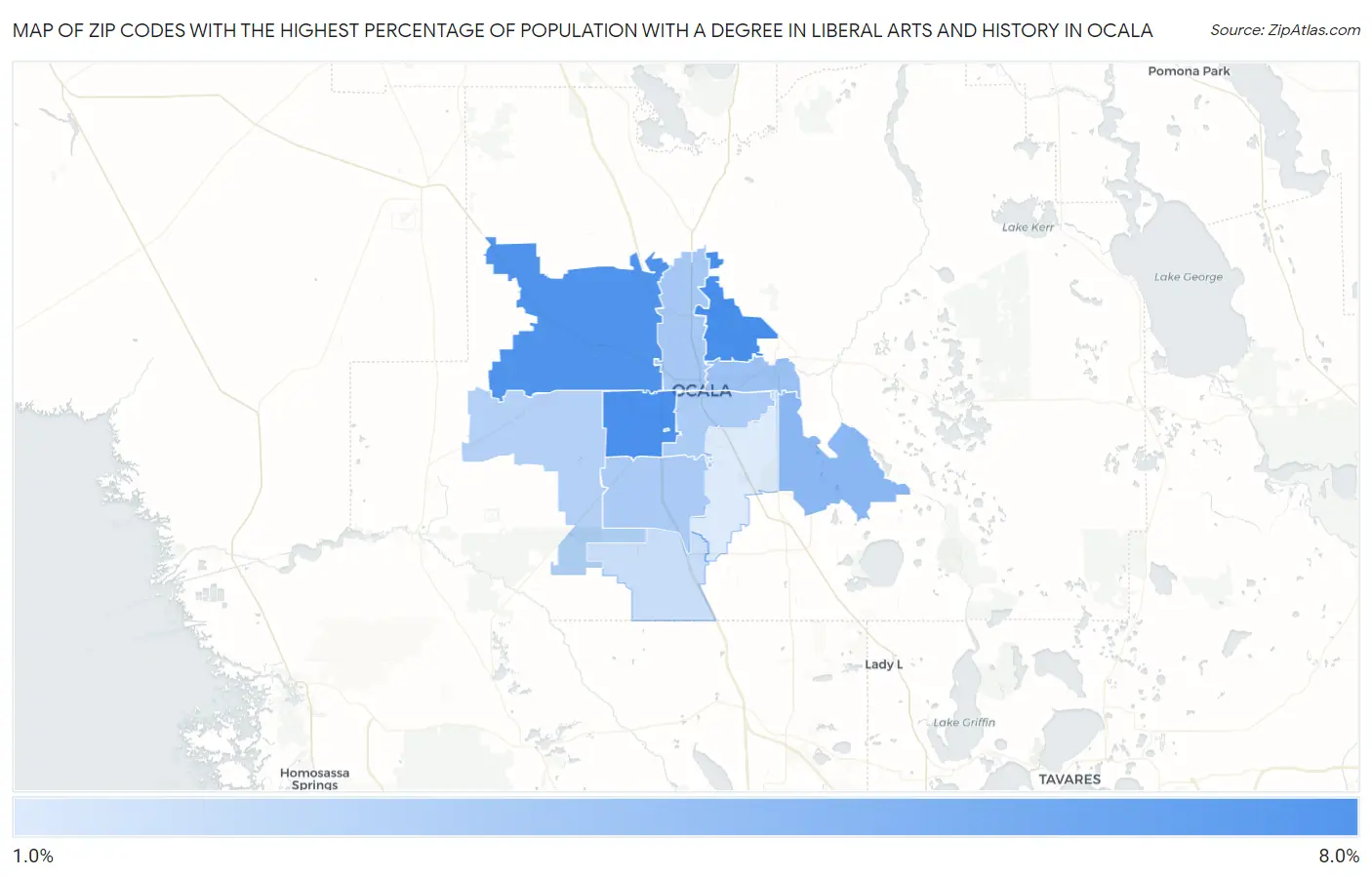 Zip Codes with the Highest Percentage of Population with a Degree in Liberal Arts and History in Ocala Map