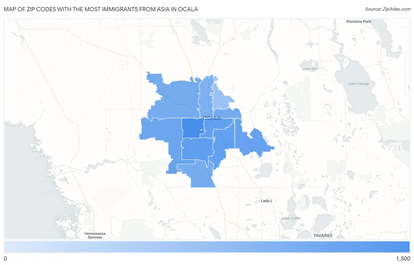 Zip Codes with the Most Immigrants from Asia in Ocala Map