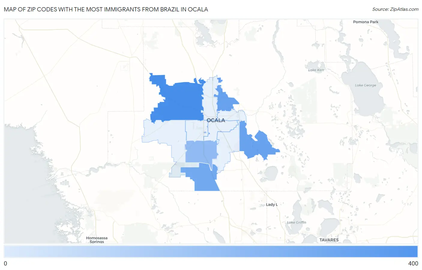 Zip Codes with the Most Immigrants from Brazil in Ocala Map