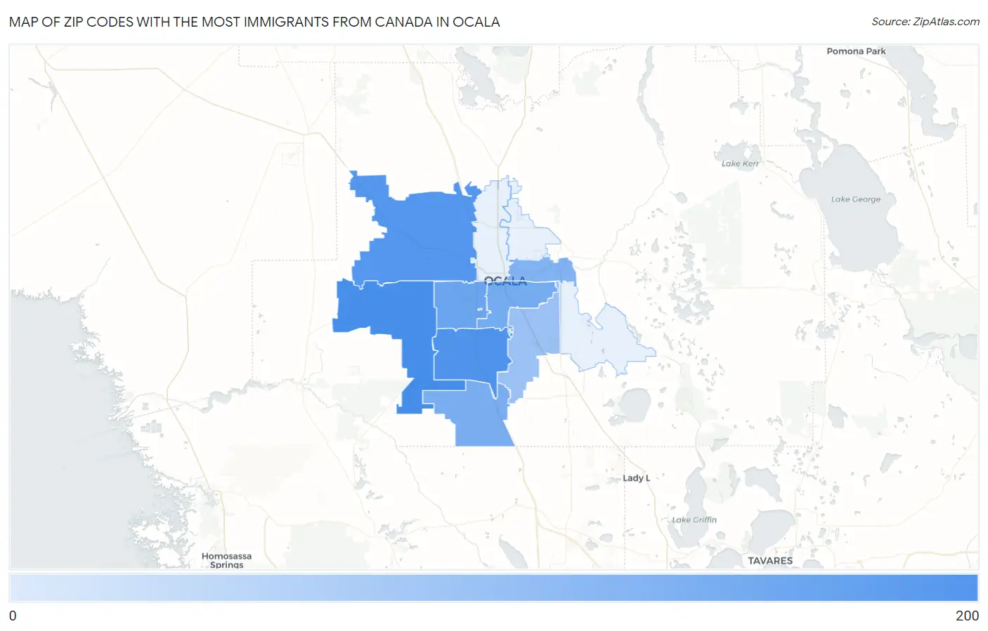 Zip Codes with the Most Immigrants from Canada in Ocala Map