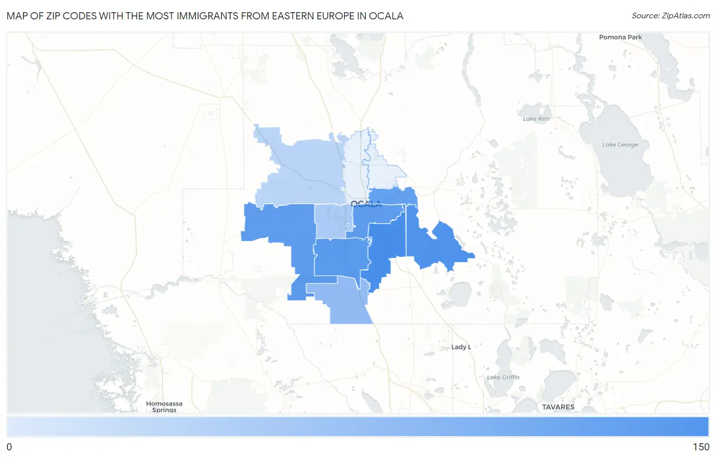 Zip Codes with the Most Immigrants from Eastern Europe in Ocala Map