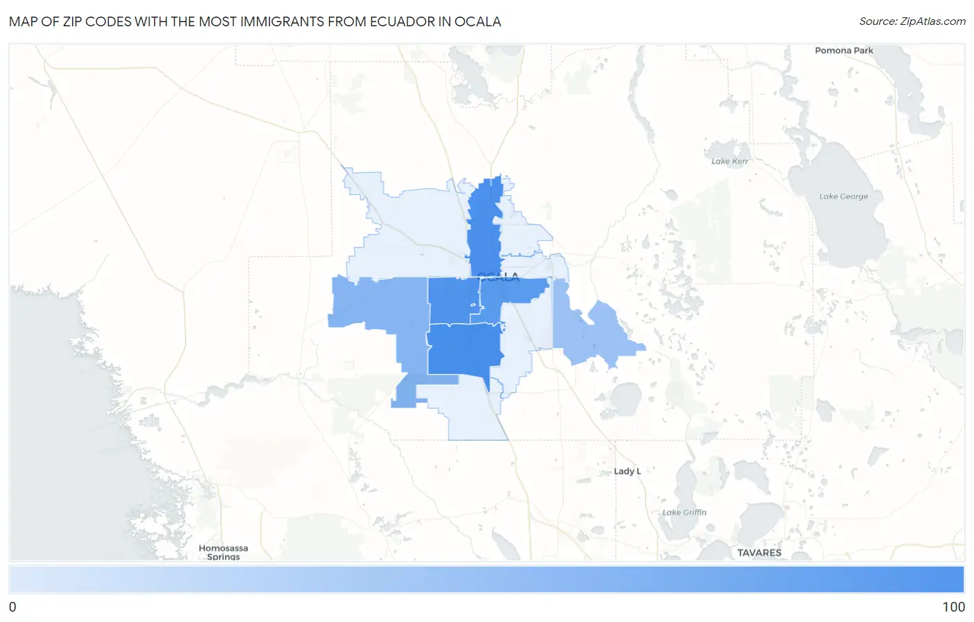 Zip Codes with the Most Immigrants from Ecuador in Ocala Map