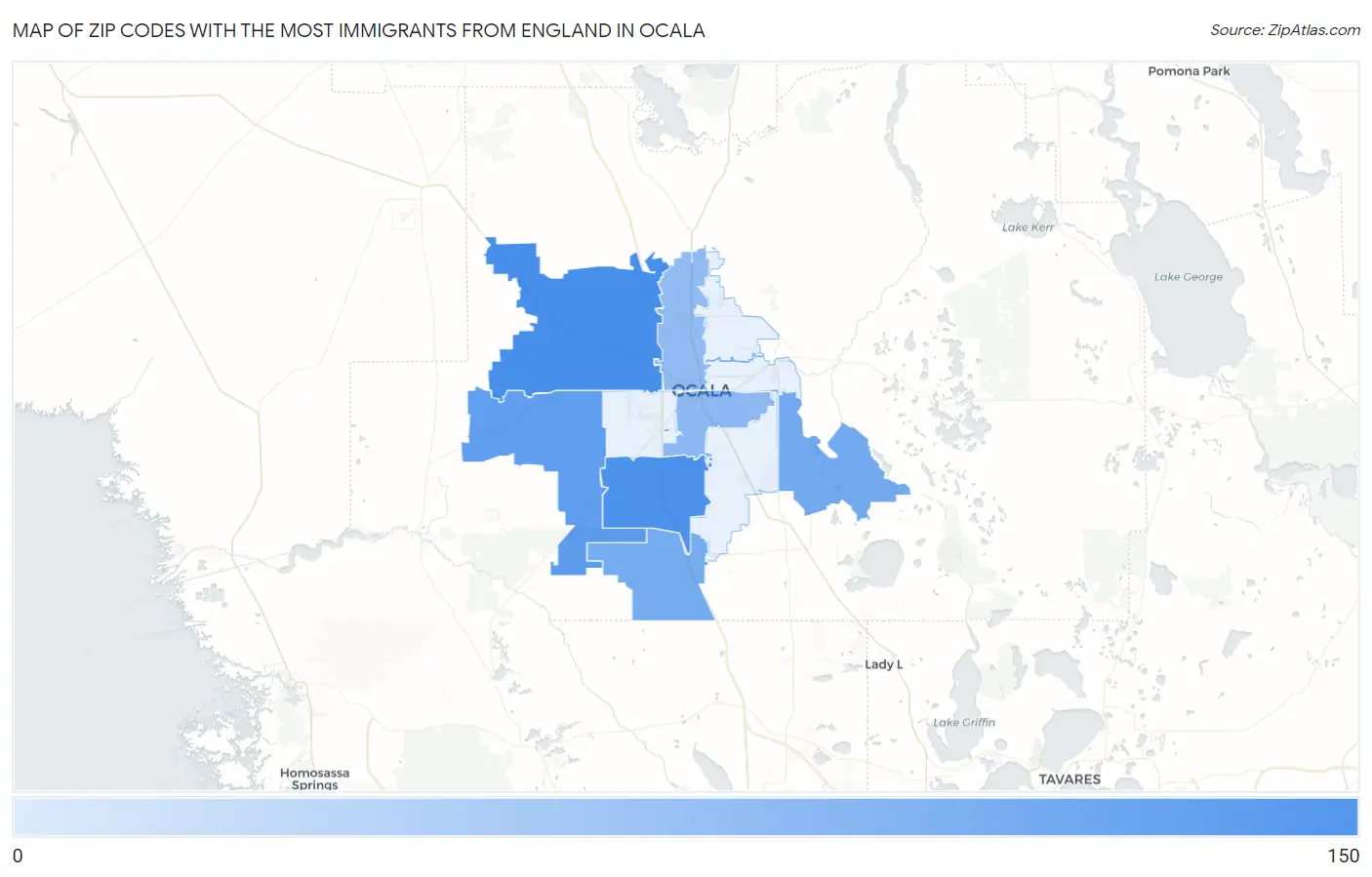 Zip Codes with the Most Immigrants from England in Ocala Map
