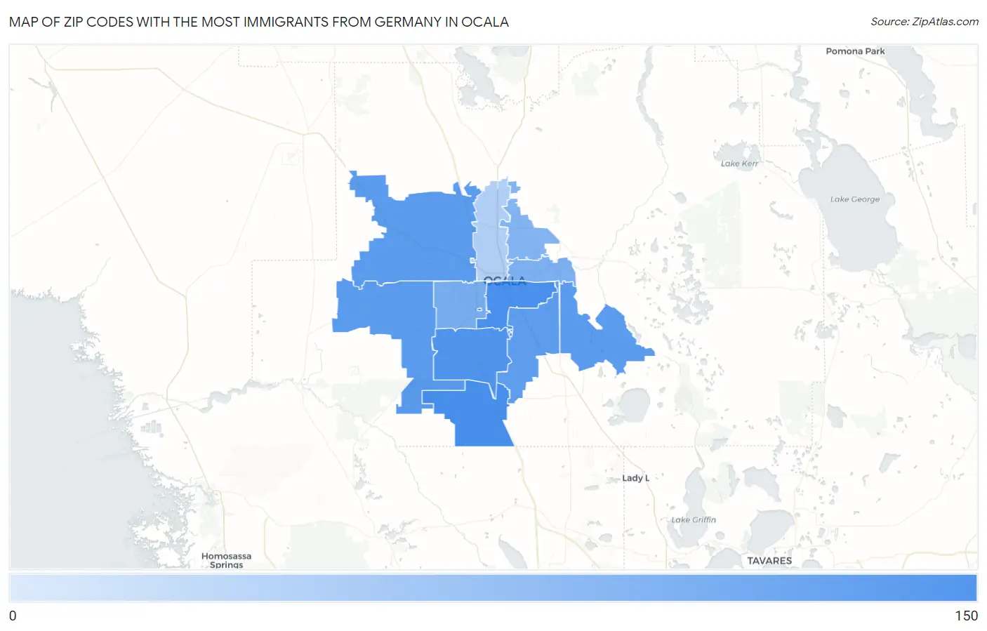 Zip Codes with the Most Immigrants from Germany in Ocala Map