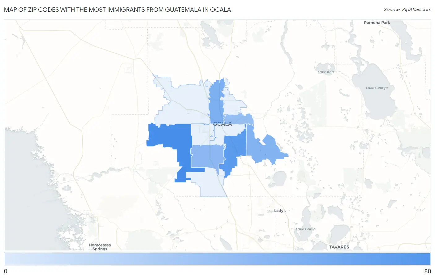Zip Codes with the Most Immigrants from Guatemala in Ocala Map