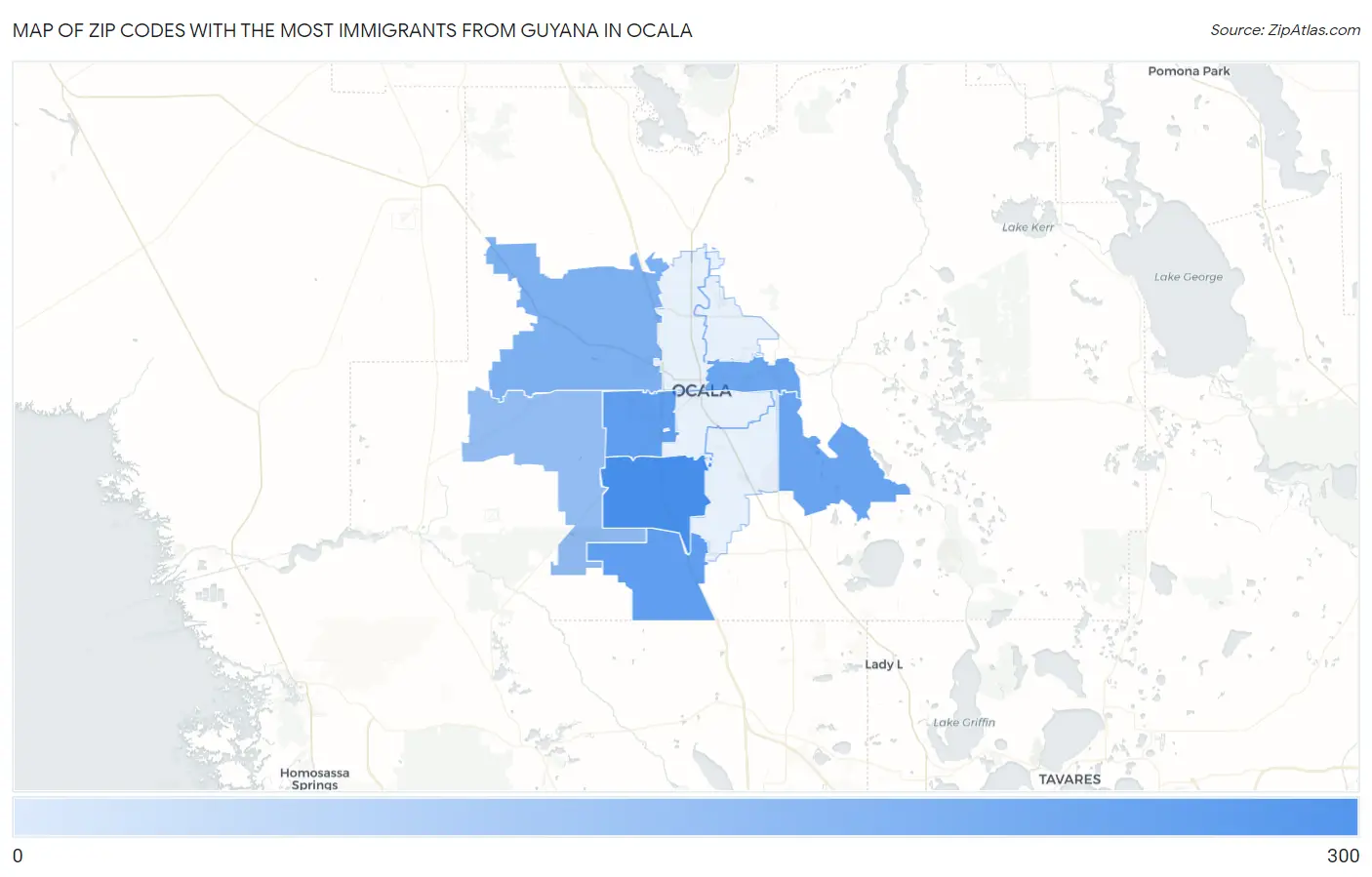 Zip Codes with the Most Immigrants from Guyana in Ocala Map