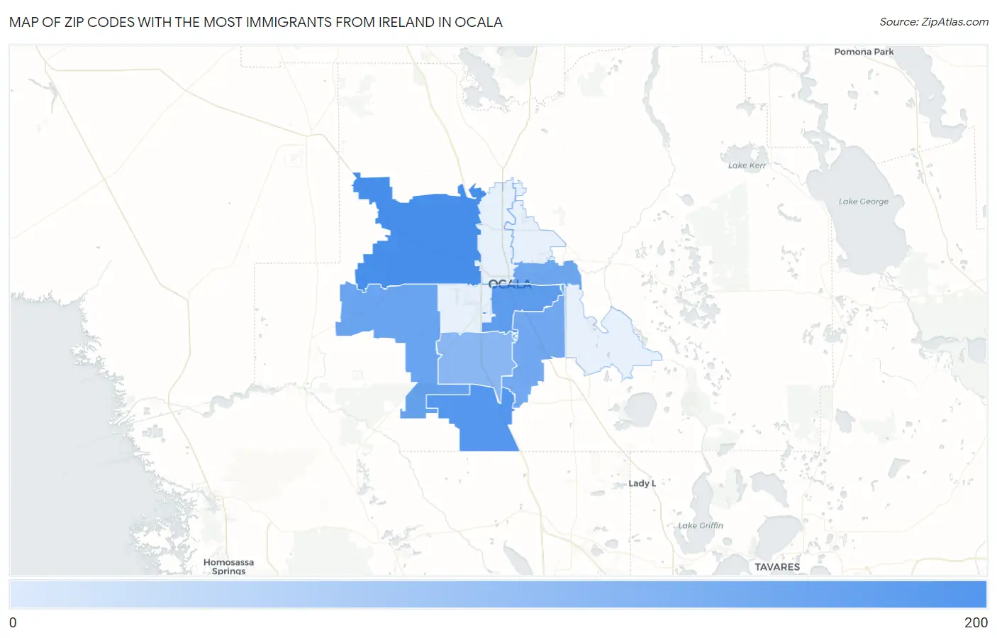 Zip Codes with the Most Immigrants from Ireland in Ocala Map