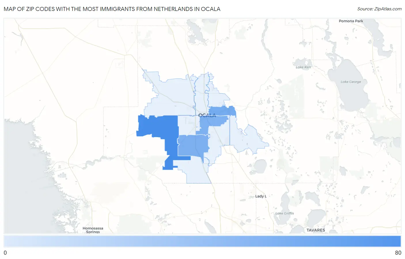Zip Codes with the Most Immigrants from Netherlands in Ocala Map