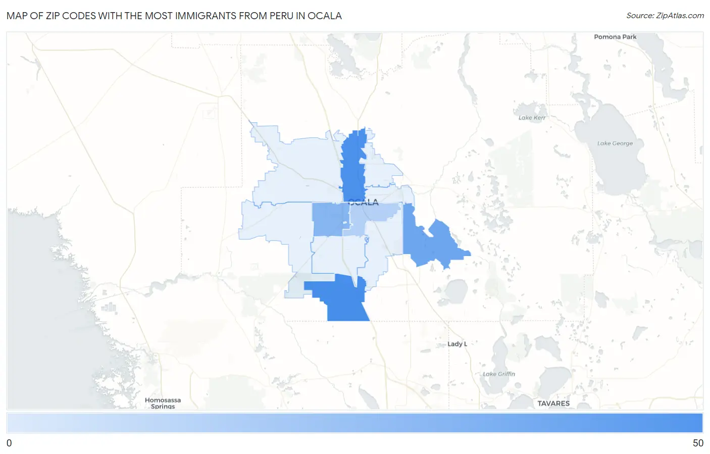 Zip Codes with the Most Immigrants from Peru in Ocala Map
