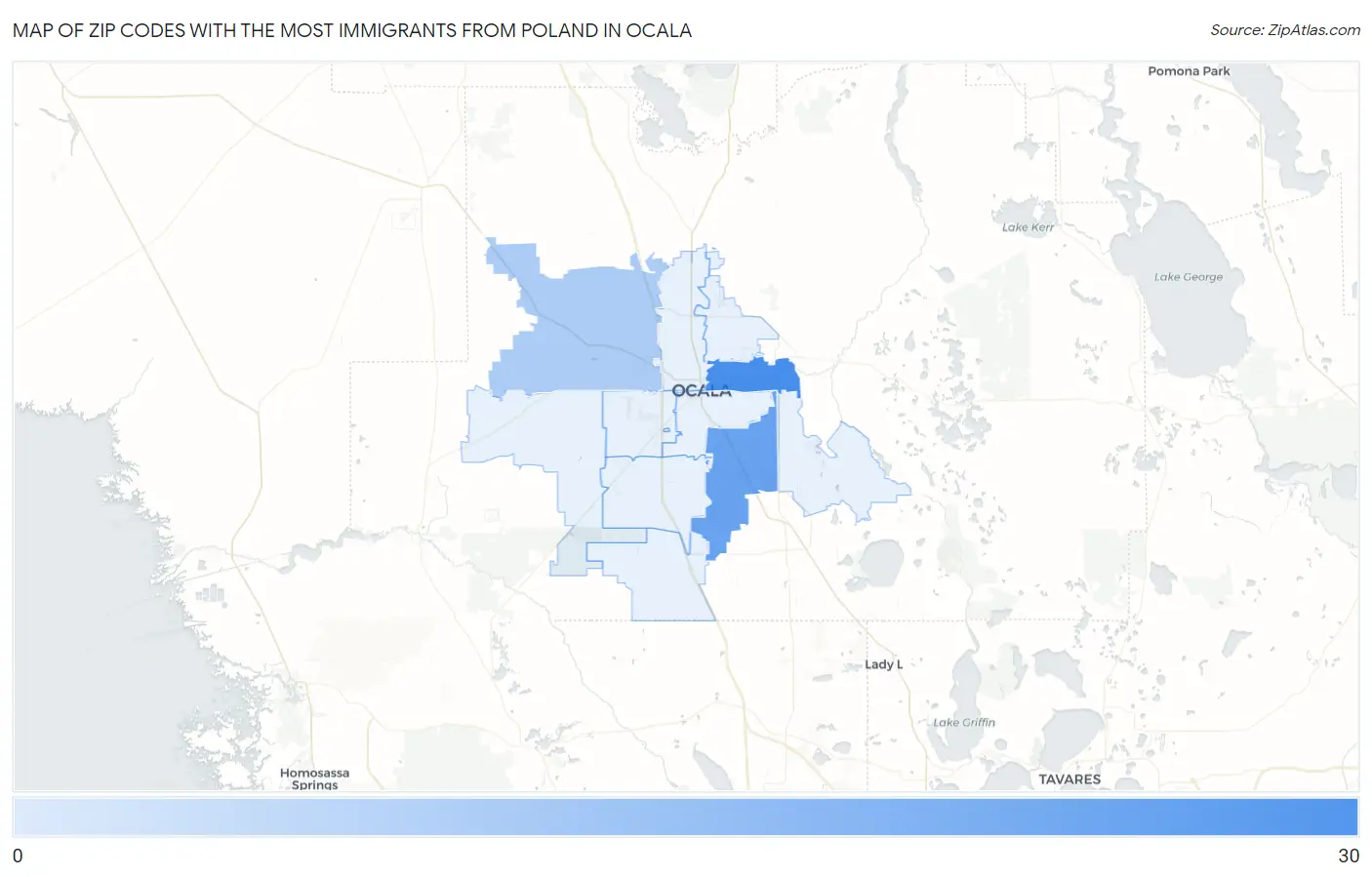 Zip Codes with the Most Immigrants from Poland in Ocala Map