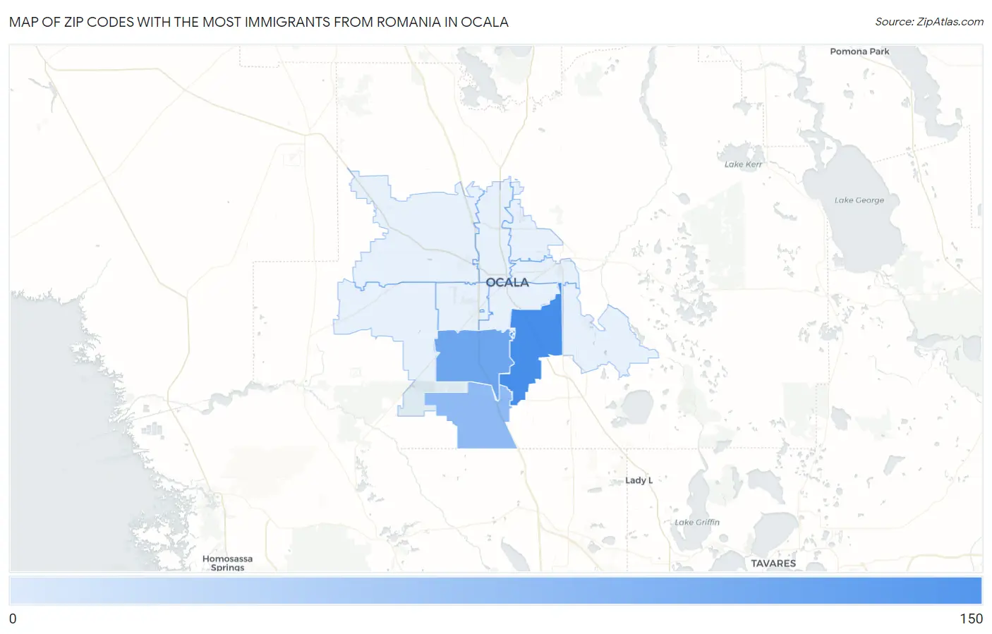 Zip Codes with the Most Immigrants from Romania in Ocala Map