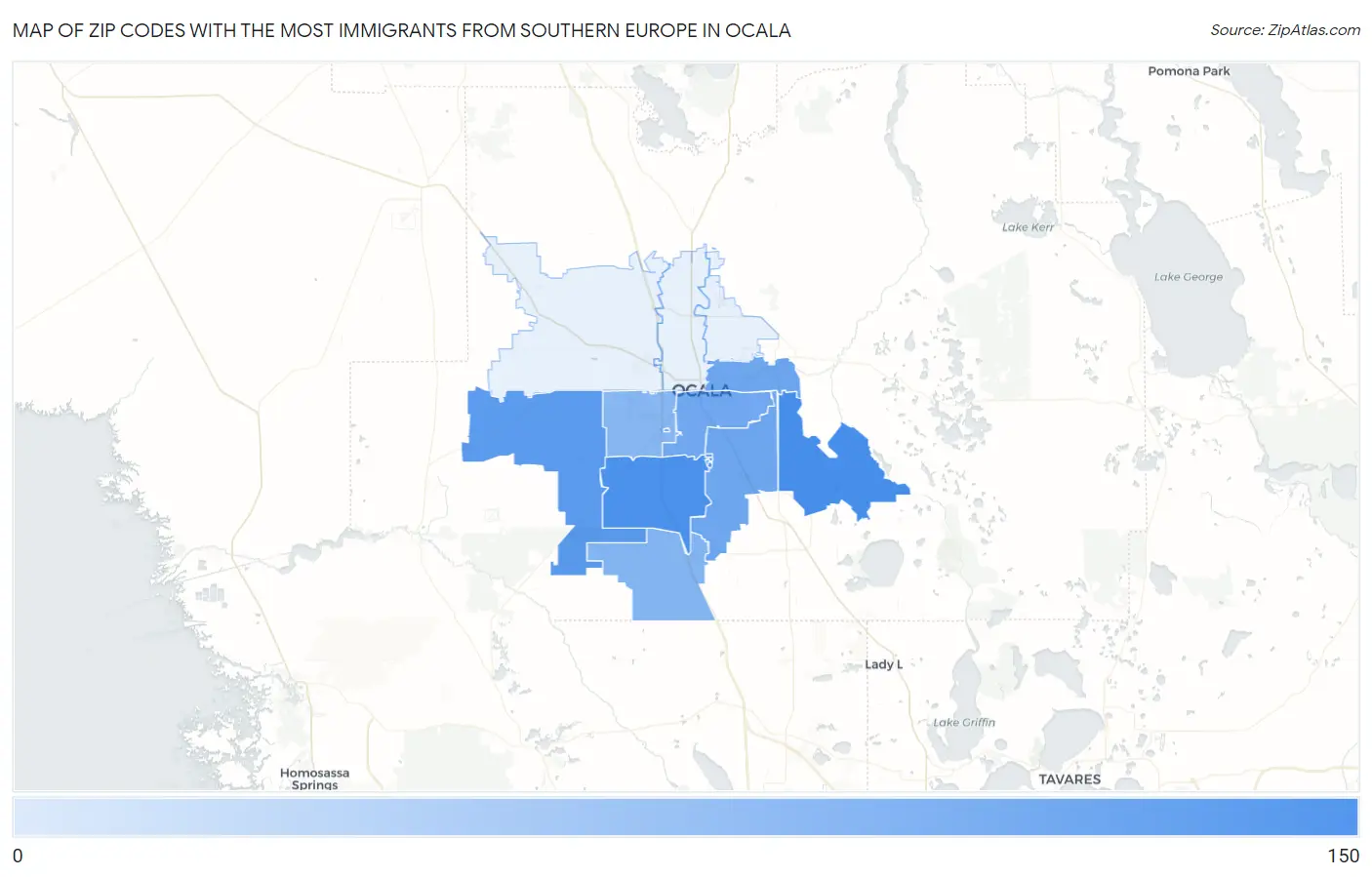 Zip Codes with the Most Immigrants from Southern Europe in Ocala Map