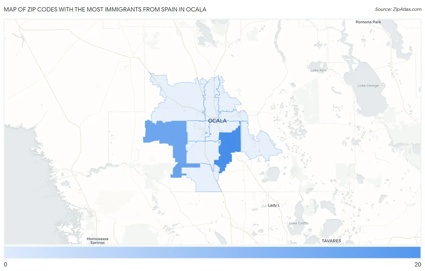 Zip Codes with the Most Immigrants from Spain in Ocala Map
