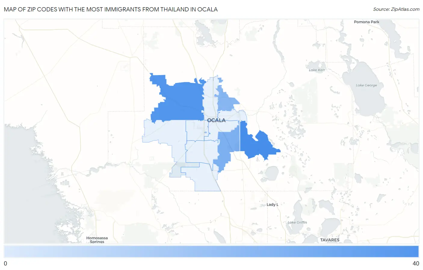 Zip Codes with the Most Immigrants from Thailand in Ocala Map