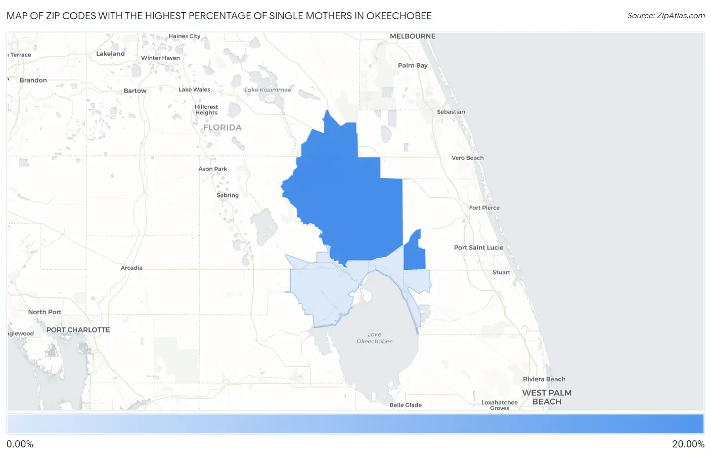 Zip Codes with the Highest Percentage of Single Mothers in Okeechobee Map