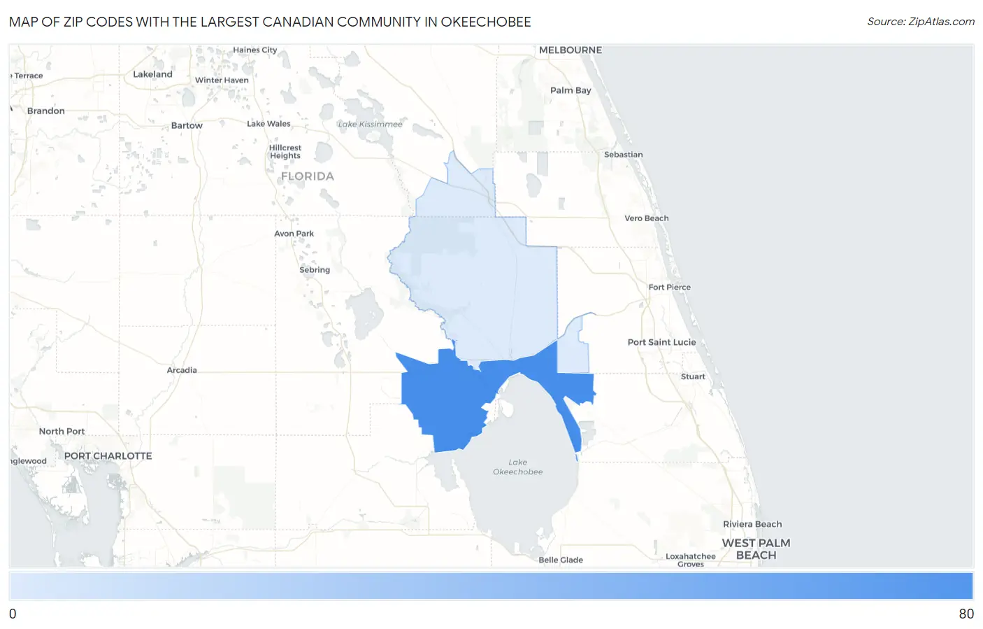Zip Codes with the Largest Canadian Community in Okeechobee Map