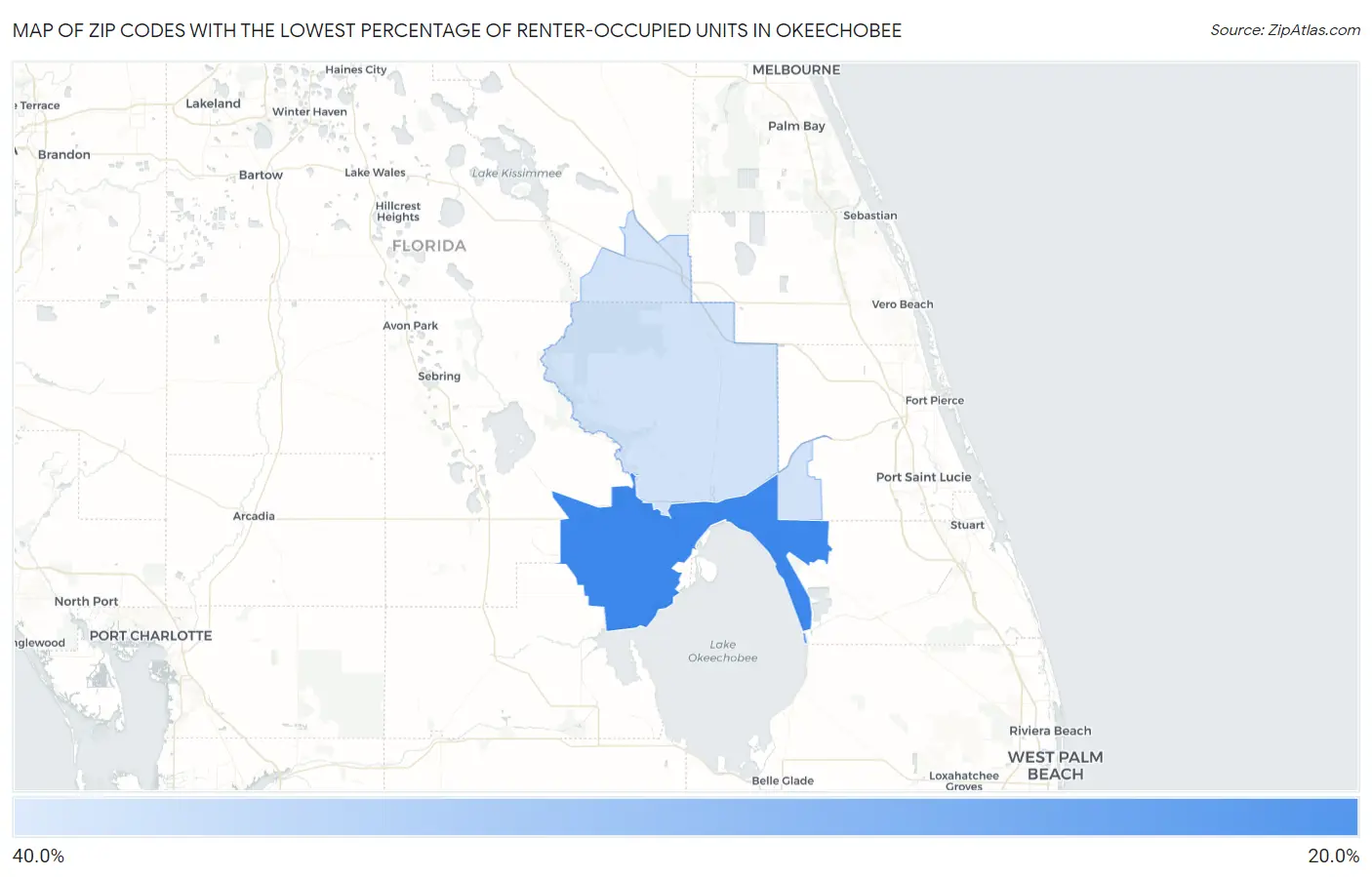 Zip Codes with the Lowest Percentage of Renter-Occupied Units in Okeechobee Map