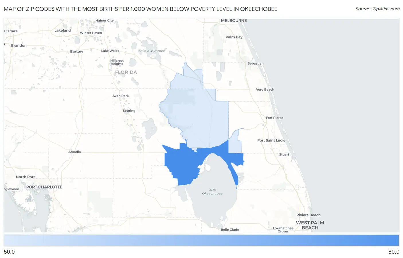 Zip Codes with the Most Births per 1,000 Women Below Poverty Level in Okeechobee Map