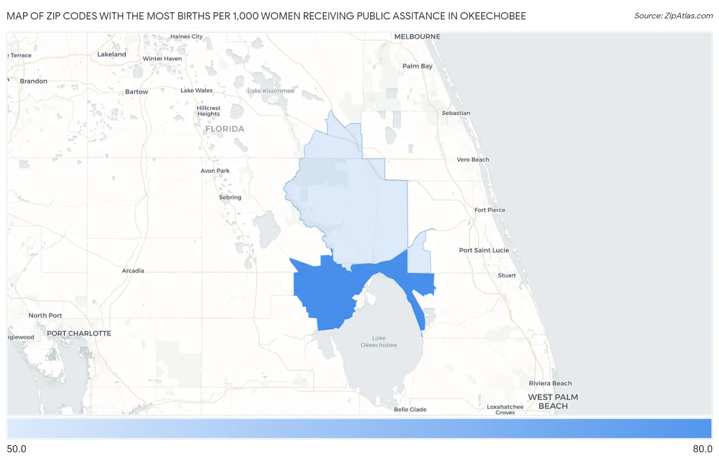 Zip Codes with the Most Births per 1,000 Women Receiving Public Assitance in Okeechobee Map