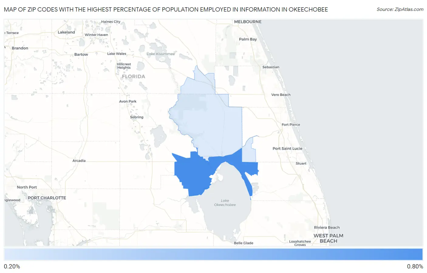 Zip Codes with the Highest Percentage of Population Employed in Information in Okeechobee Map