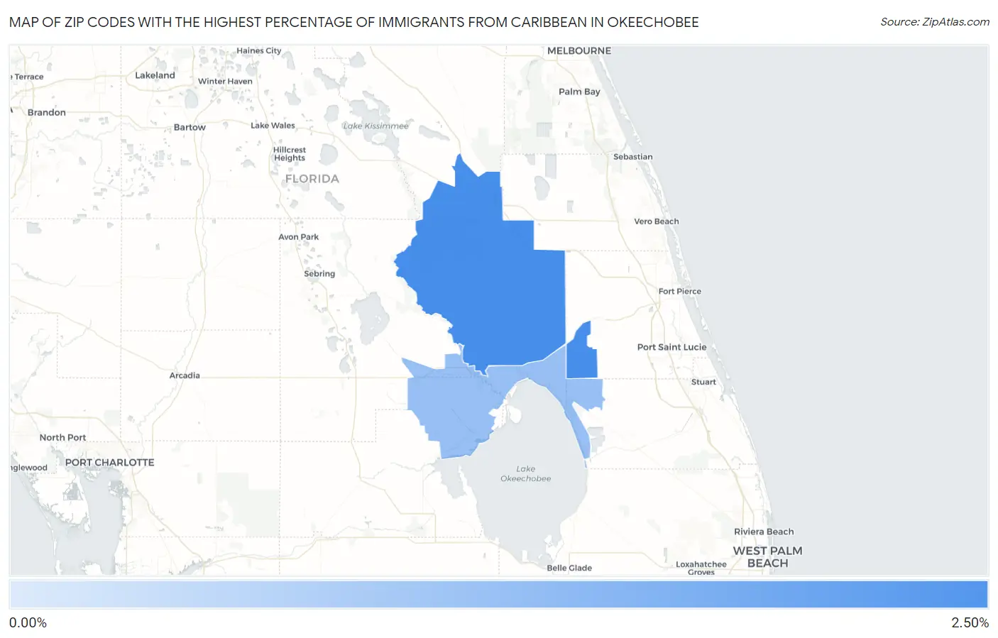 Zip Codes with the Highest Percentage of Immigrants from Caribbean in Okeechobee Map