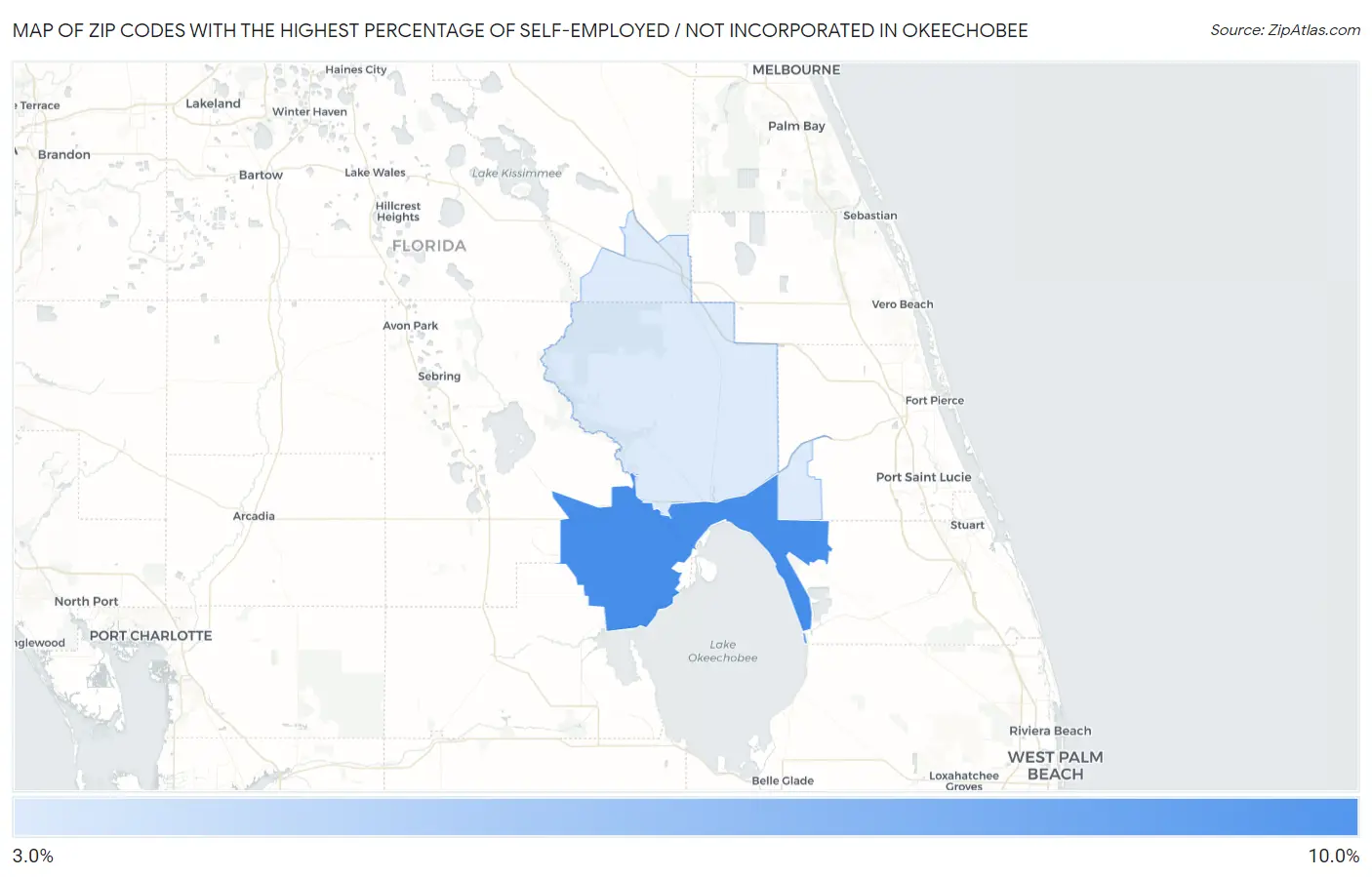 Zip Codes with the Highest Percentage of Self-Employed / Not Incorporated in Okeechobee Map