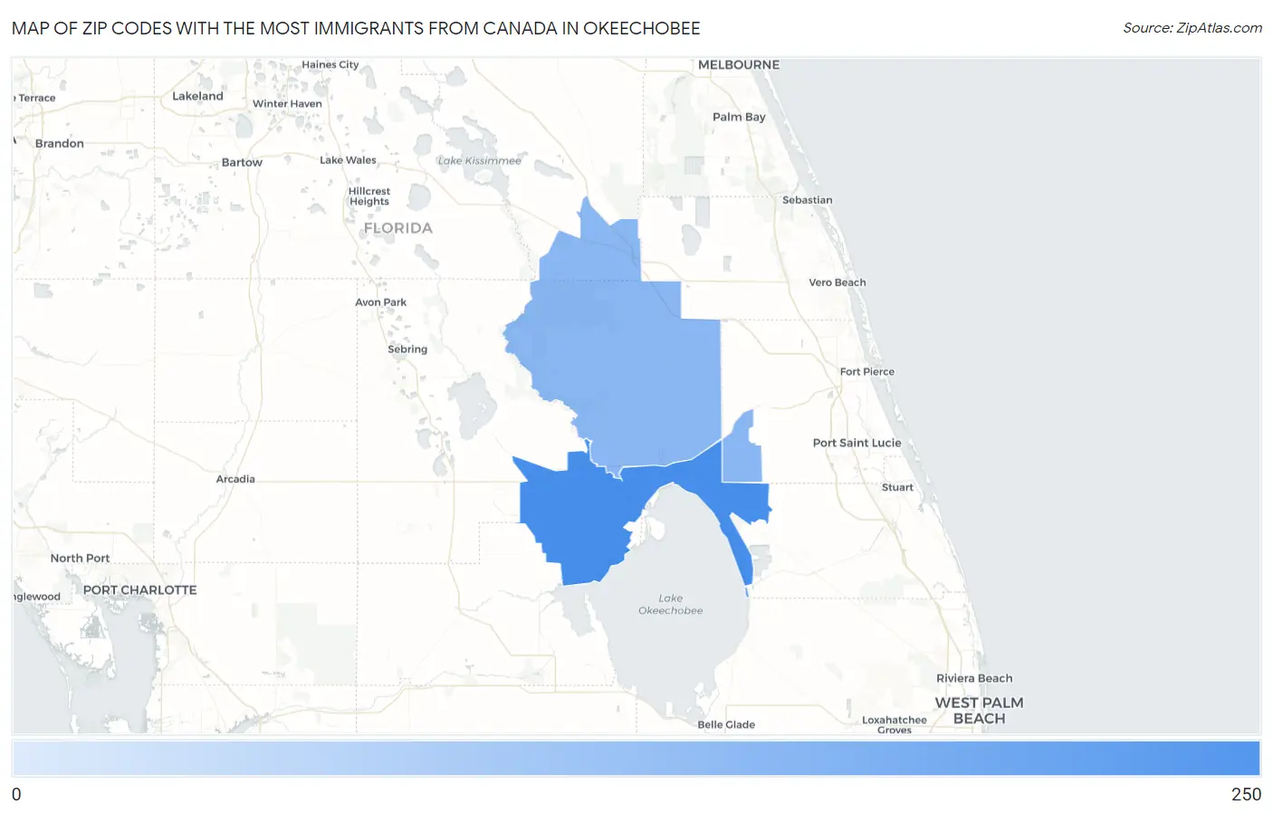 Zip Codes with the Most Immigrants from Canada in Okeechobee Map