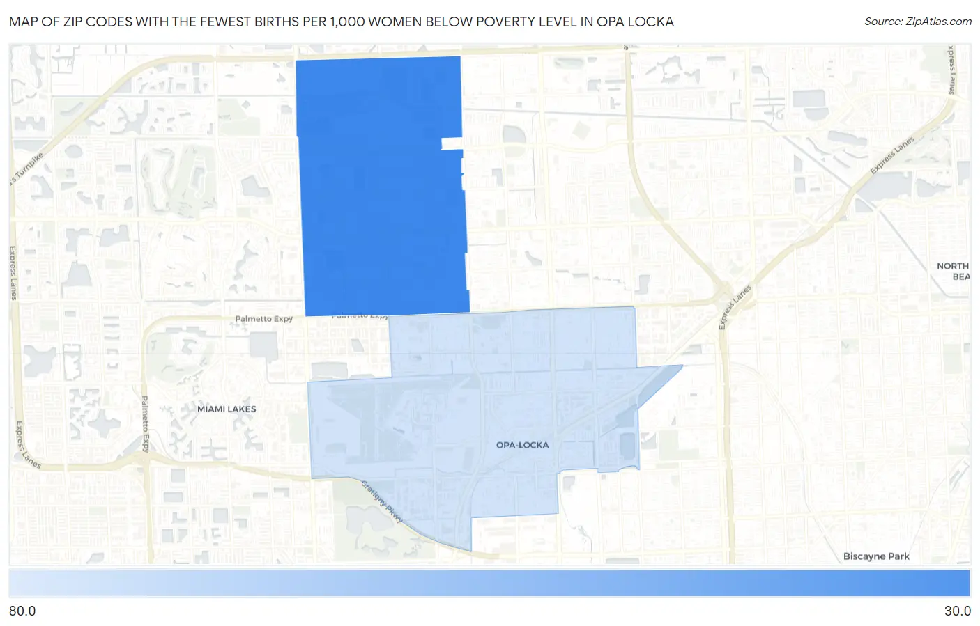 Zip Codes with the Fewest Births per 1,000 Women Below Poverty Level in Opa Locka Map