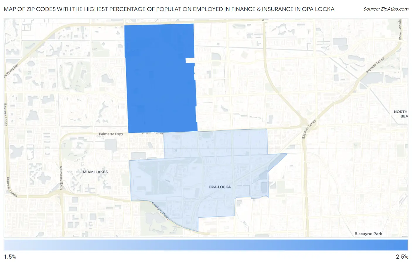 Zip Codes with the Highest Percentage of Population Employed in Finance & Insurance in Opa Locka Map
