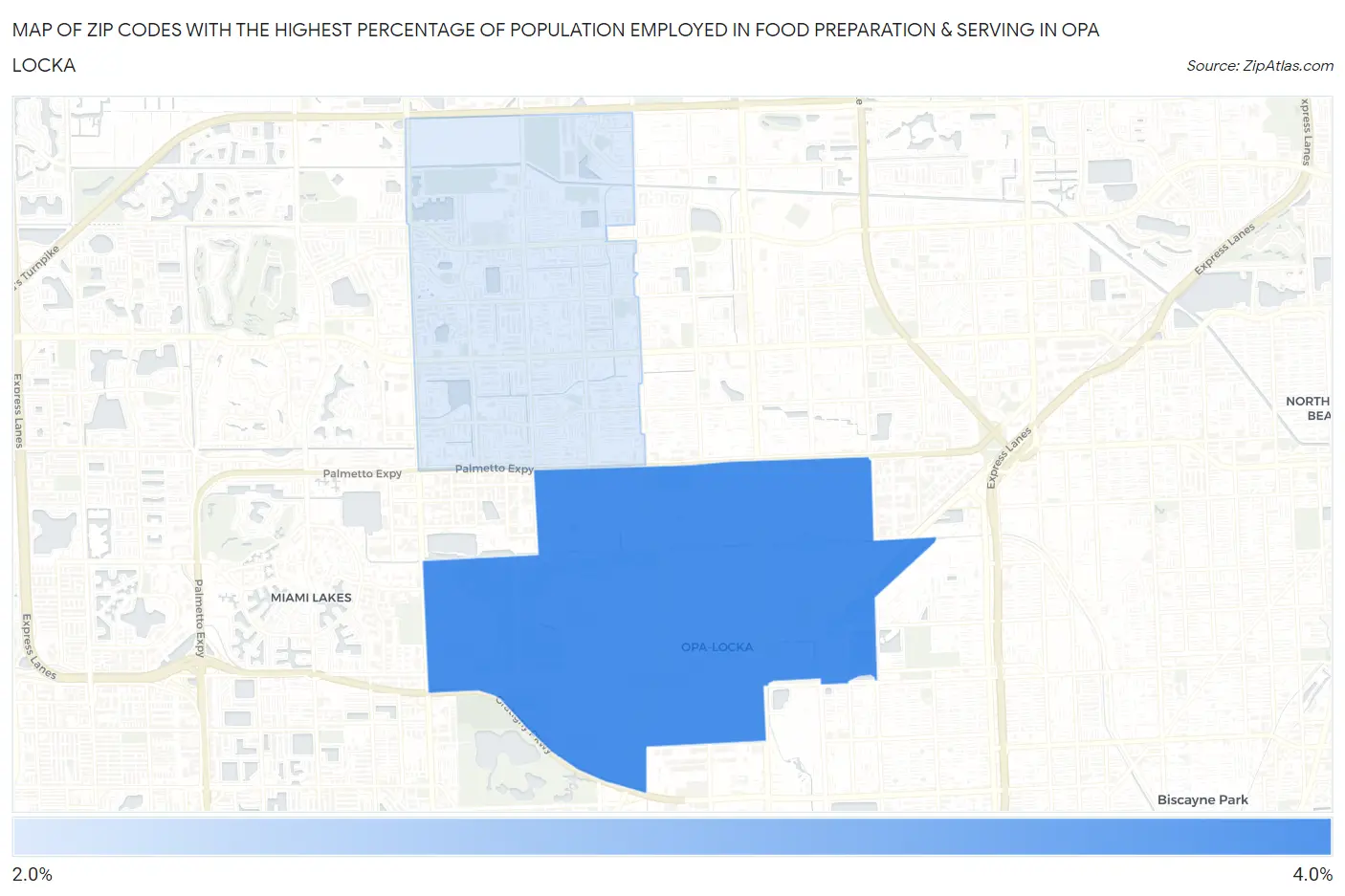 Zip Codes with the Highest Percentage of Population Employed in Food Preparation & Serving in Opa Locka Map