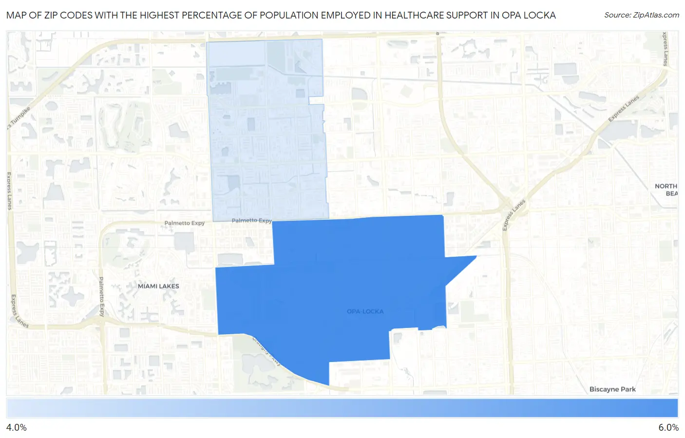 Zip Codes with the Highest Percentage of Population Employed in Healthcare Support in Opa Locka Map