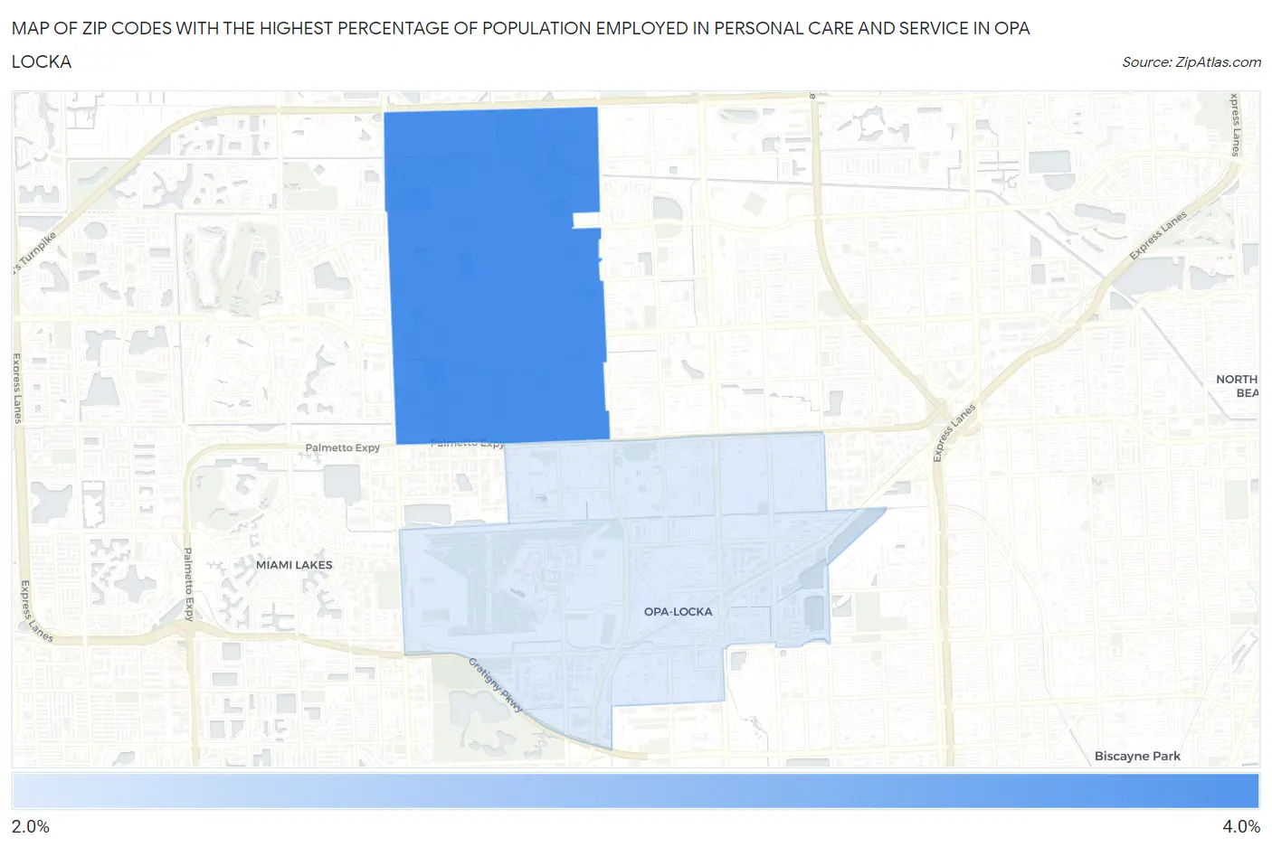 Zip Codes with the Highest Percentage of Population Employed in Personal Care and Service in Opa Locka Map
