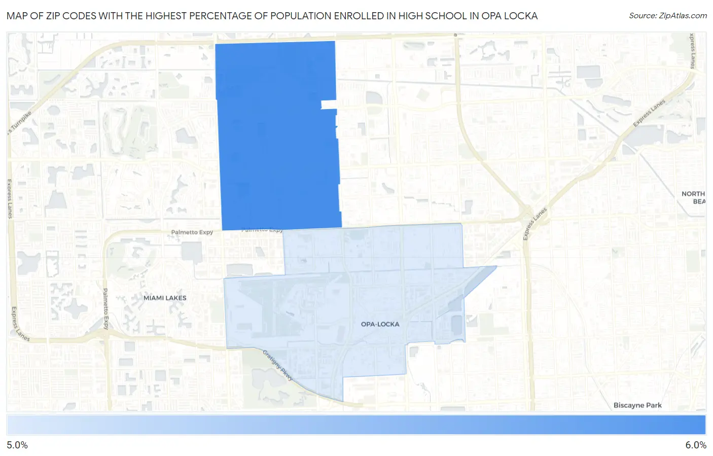 Zip Codes with the Highest Percentage of Population Enrolled in High School in Opa Locka Map