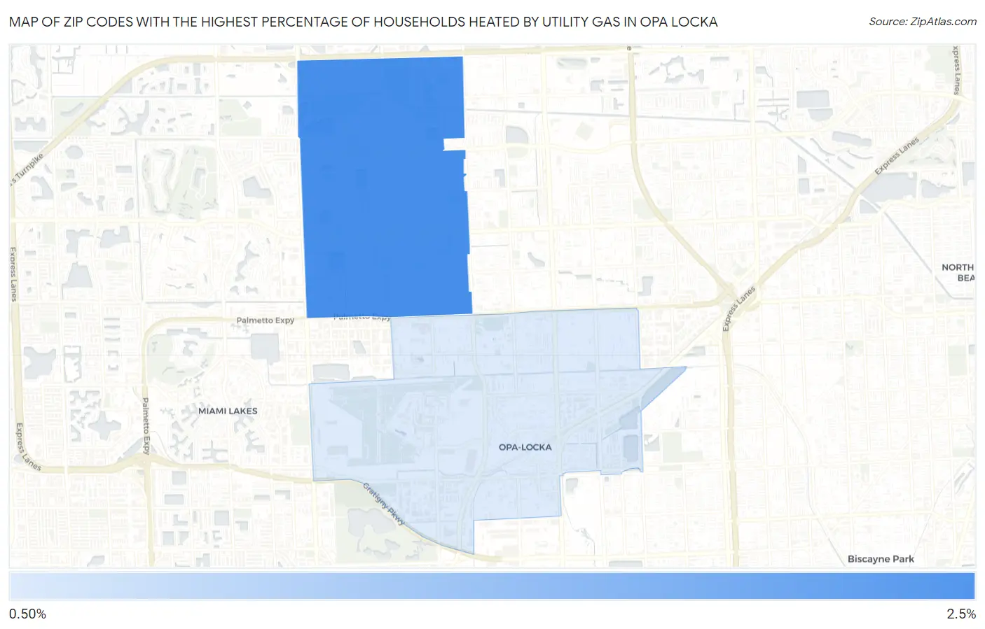 Zip Codes with the Highest Percentage of Households Heated by Utility Gas in Opa Locka Map
