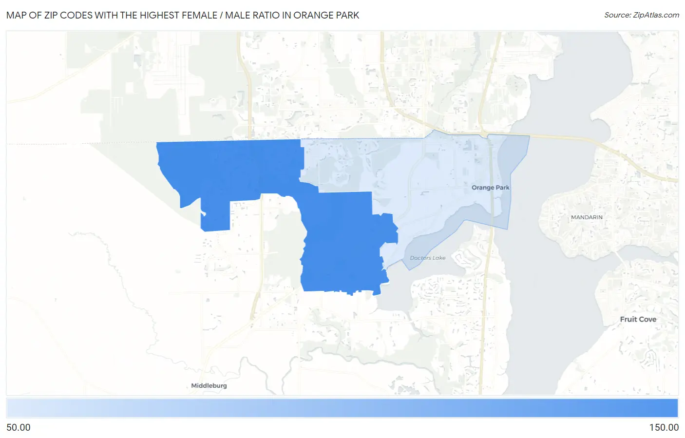 Zip Codes with the Highest Female / Male Ratio in Orange Park Map