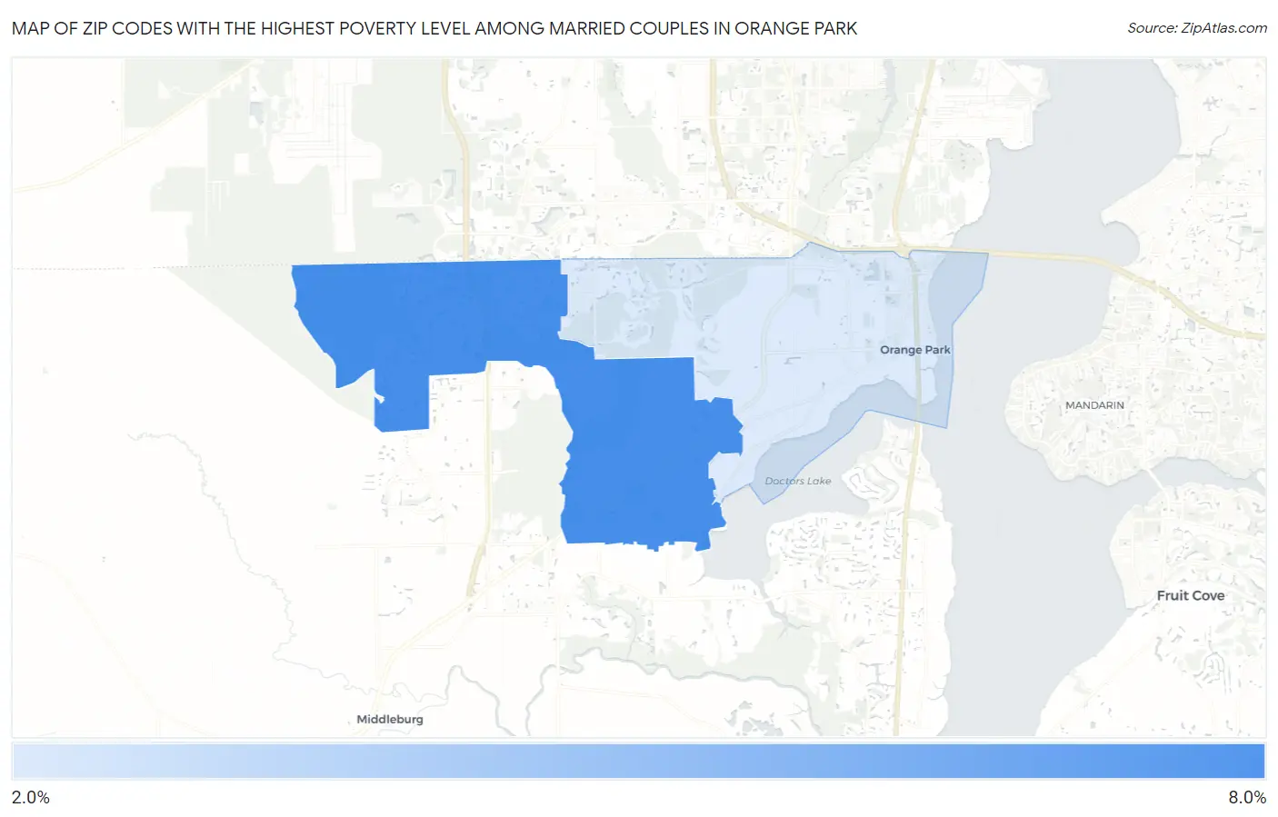 Zip Codes with the Highest Poverty Level Among Married Couples in Orange Park Map