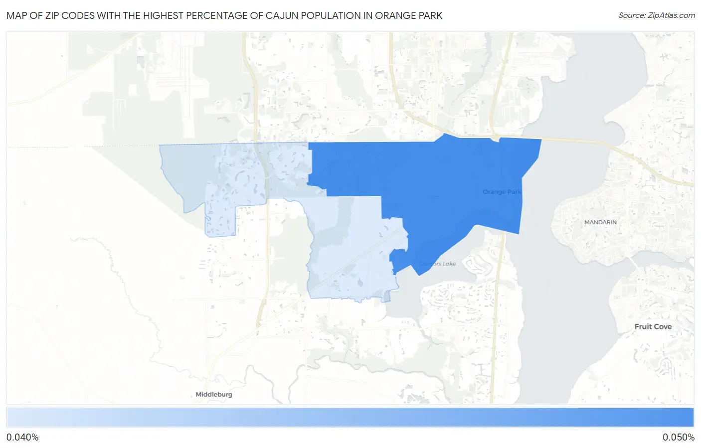 Zip Codes with the Highest Percentage of Cajun Population in Orange Park Map