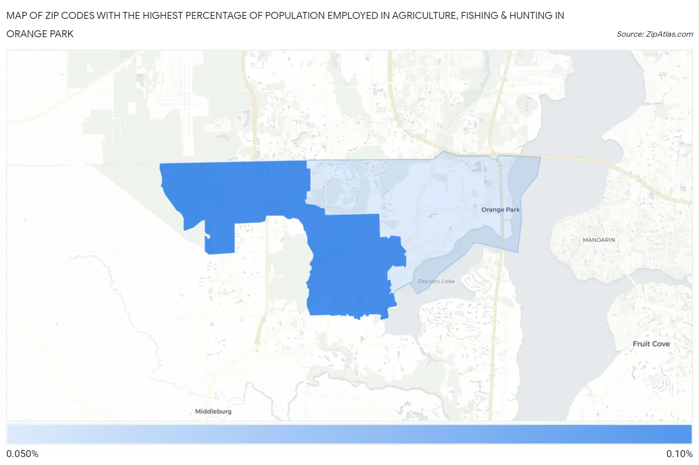 Zip Codes with the Highest Percentage of Population Employed in Agriculture, Fishing & Hunting in Orange Park Map