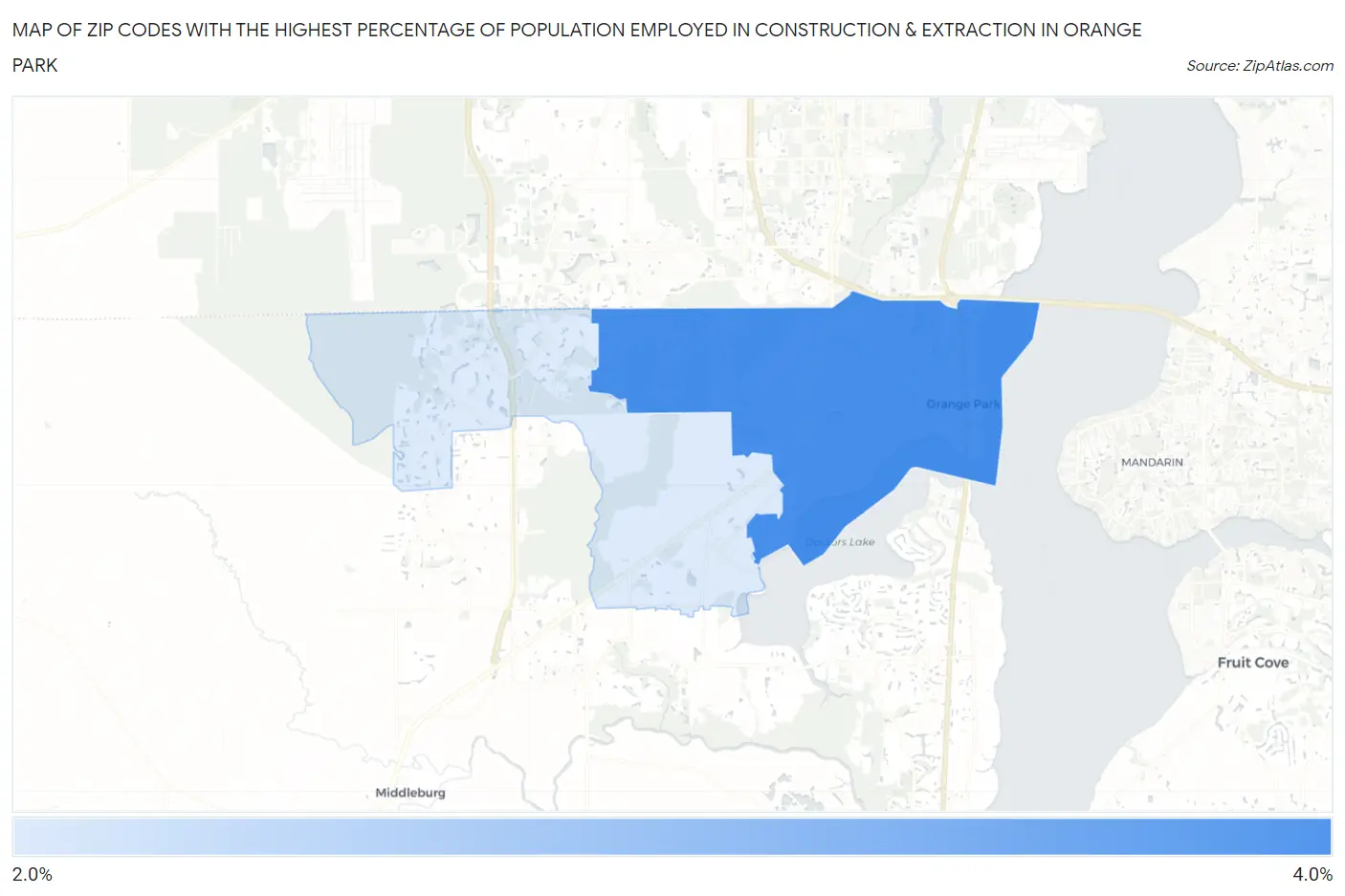 Zip Codes with the Highest Percentage of Population Employed in Construction & Extraction in Orange Park Map