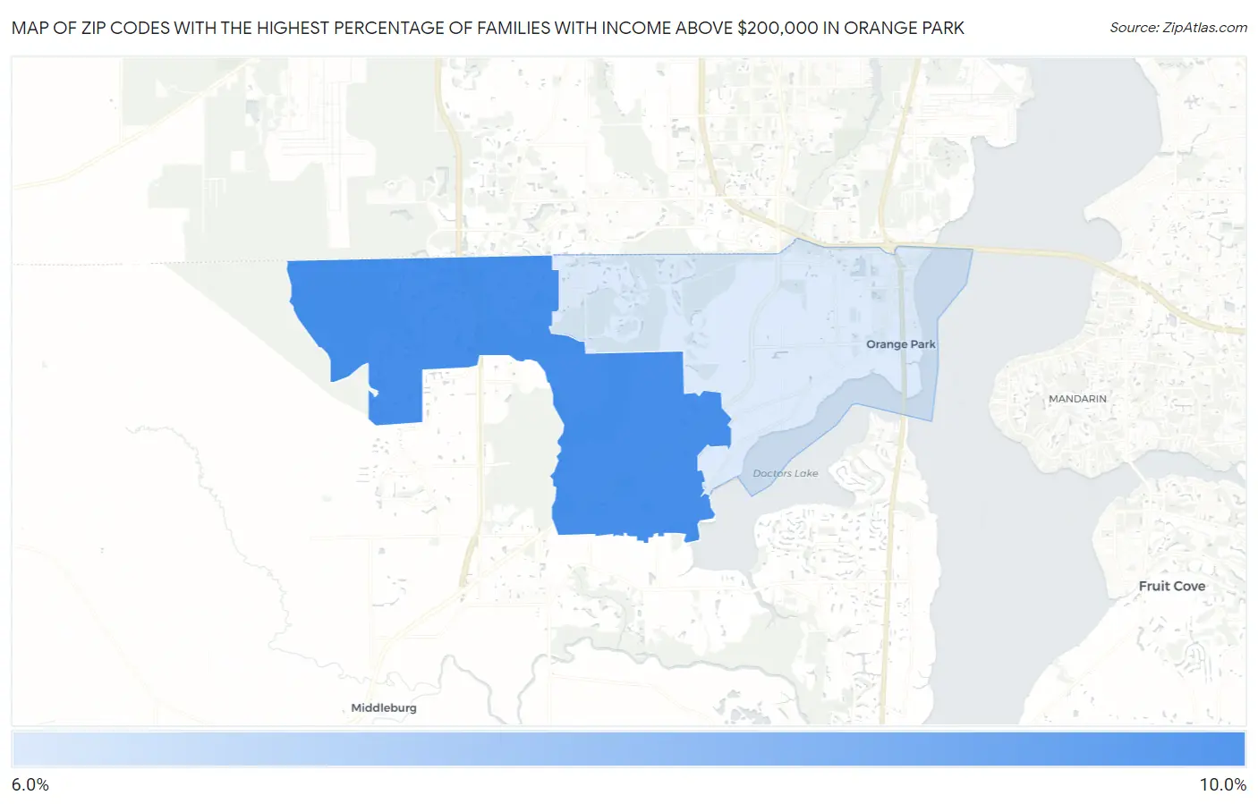 Zip Codes with the Highest Percentage of Families with Income Above $200,000 in Orange Park Map