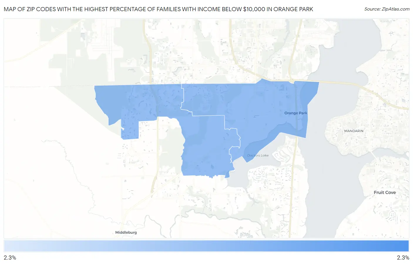 Zip Codes with the Highest Percentage of Families with Income Below $10,000 in Orange Park Map