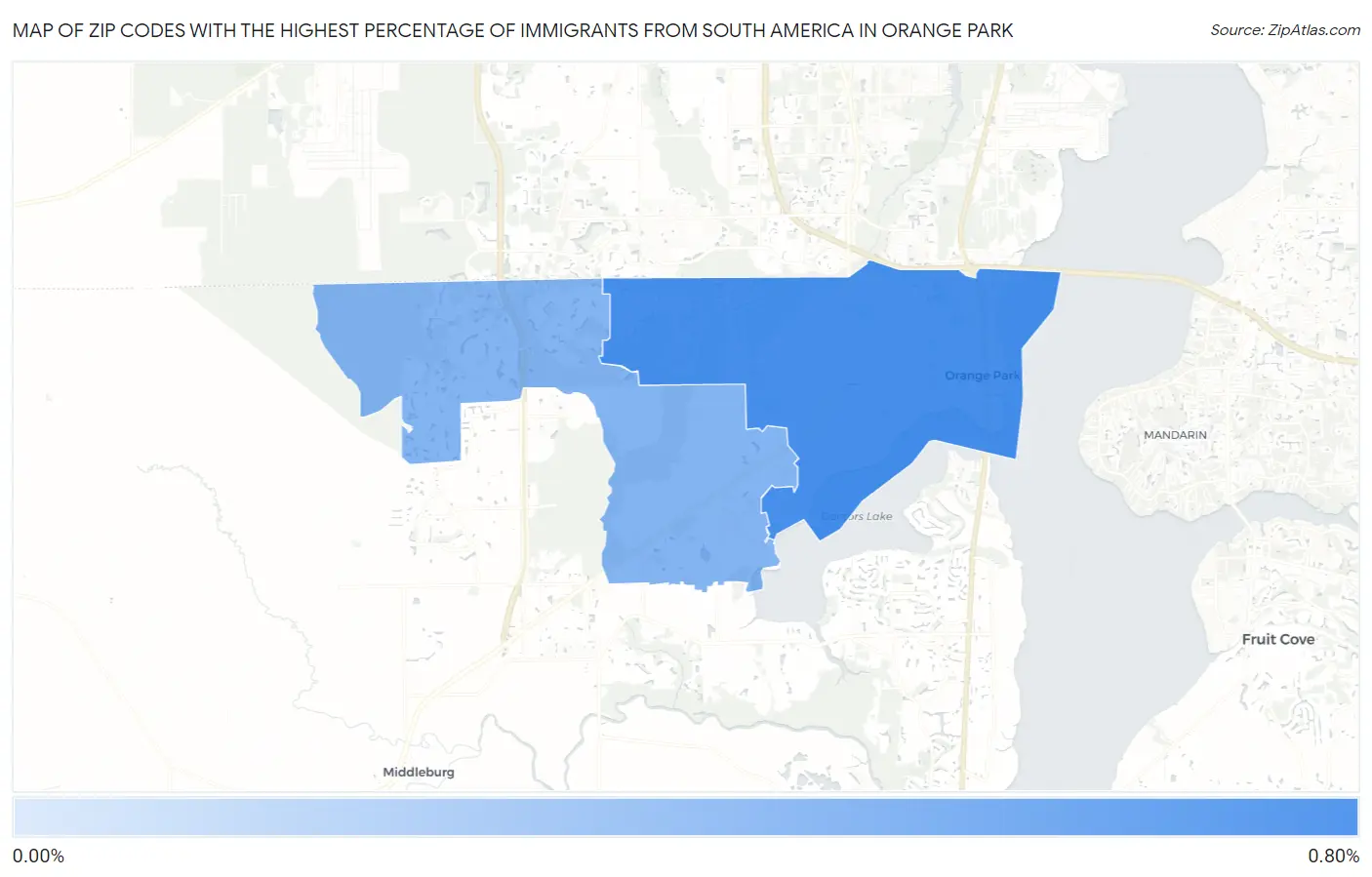 Zip Codes with the Highest Percentage of Immigrants from South America in Orange Park Map