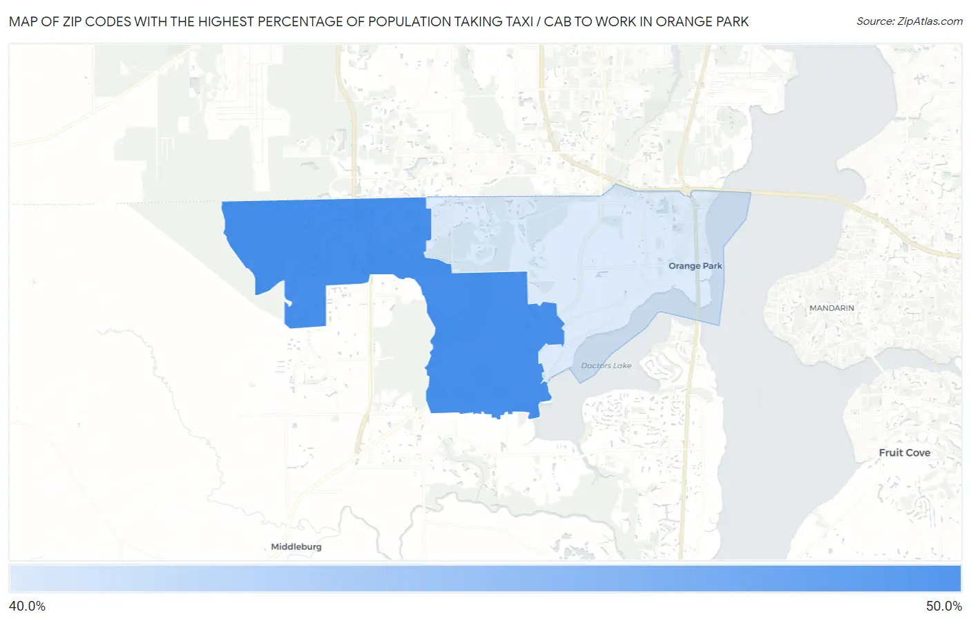 Zip Codes with the Highest Percentage of Population Taking Taxi / Cab to Work in Orange Park Map