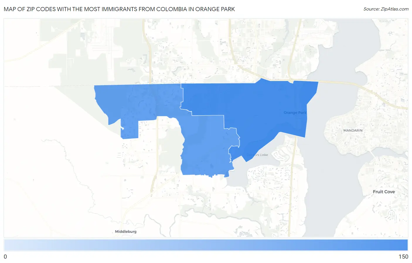 Zip Codes with the Most Immigrants from Colombia in Orange Park Map