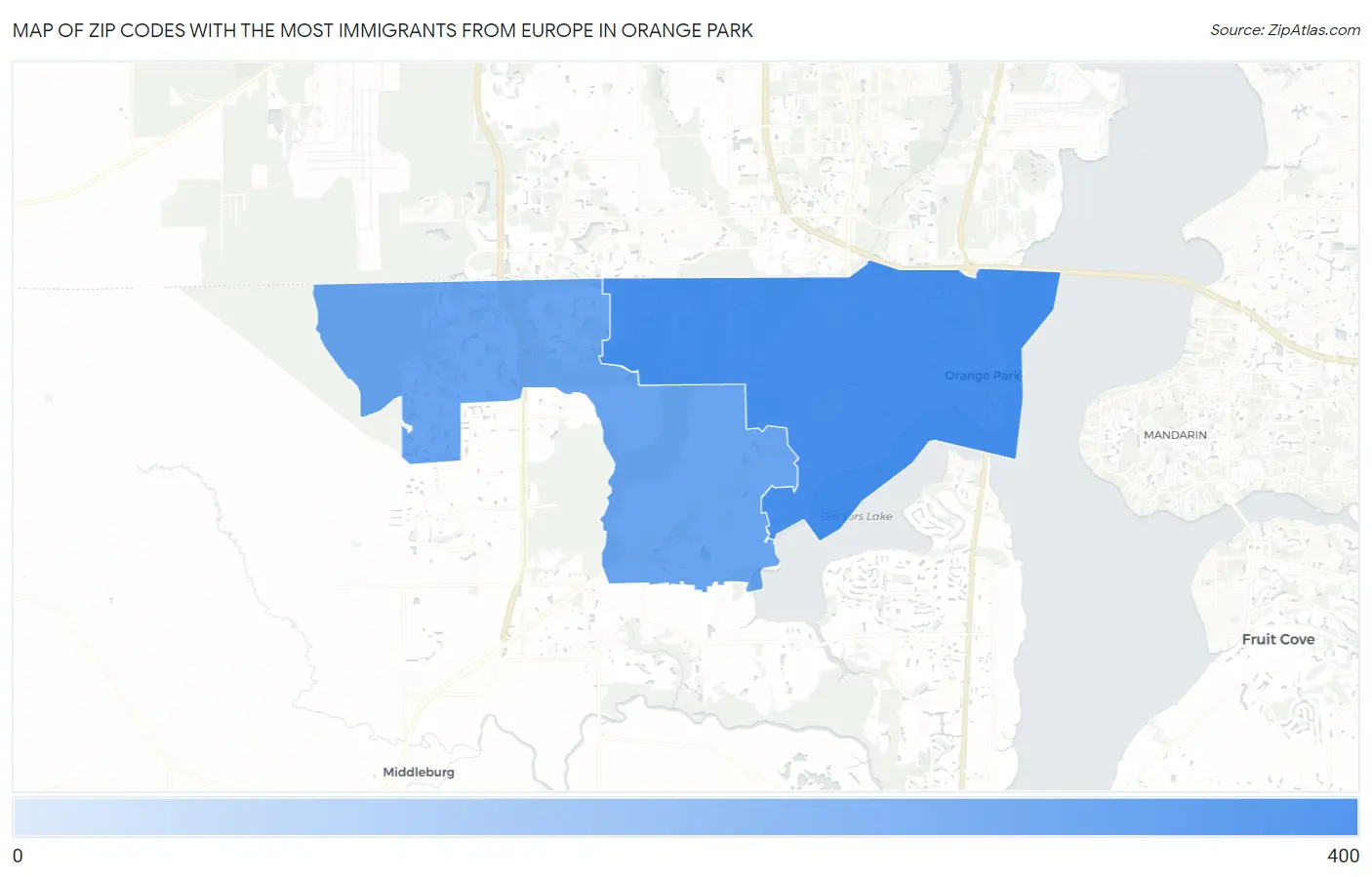 Zip Codes with the Most Immigrants from Europe in Orange Park Map