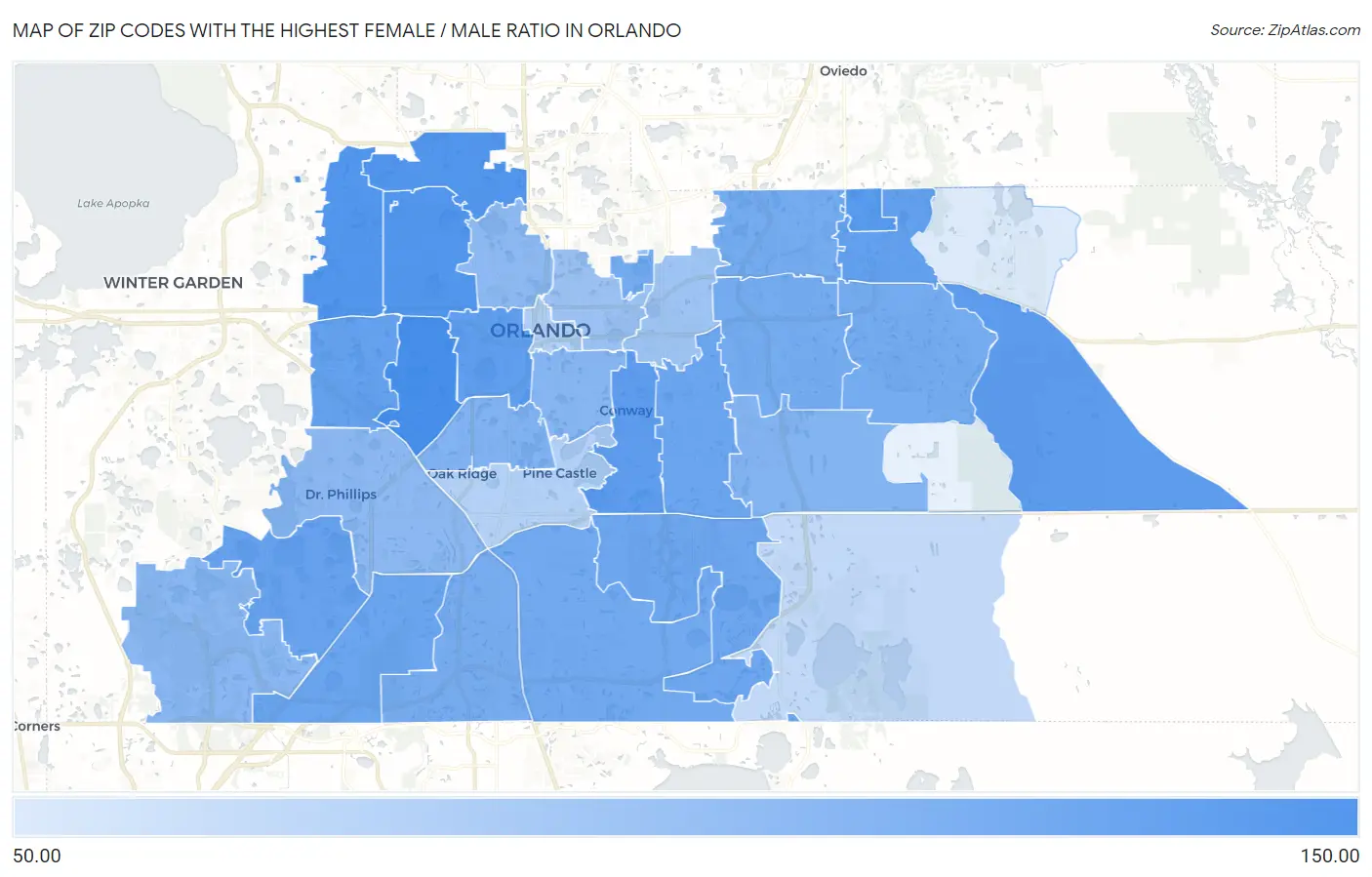 Zip Codes with the Highest Female / Male Ratio in Orlando Map