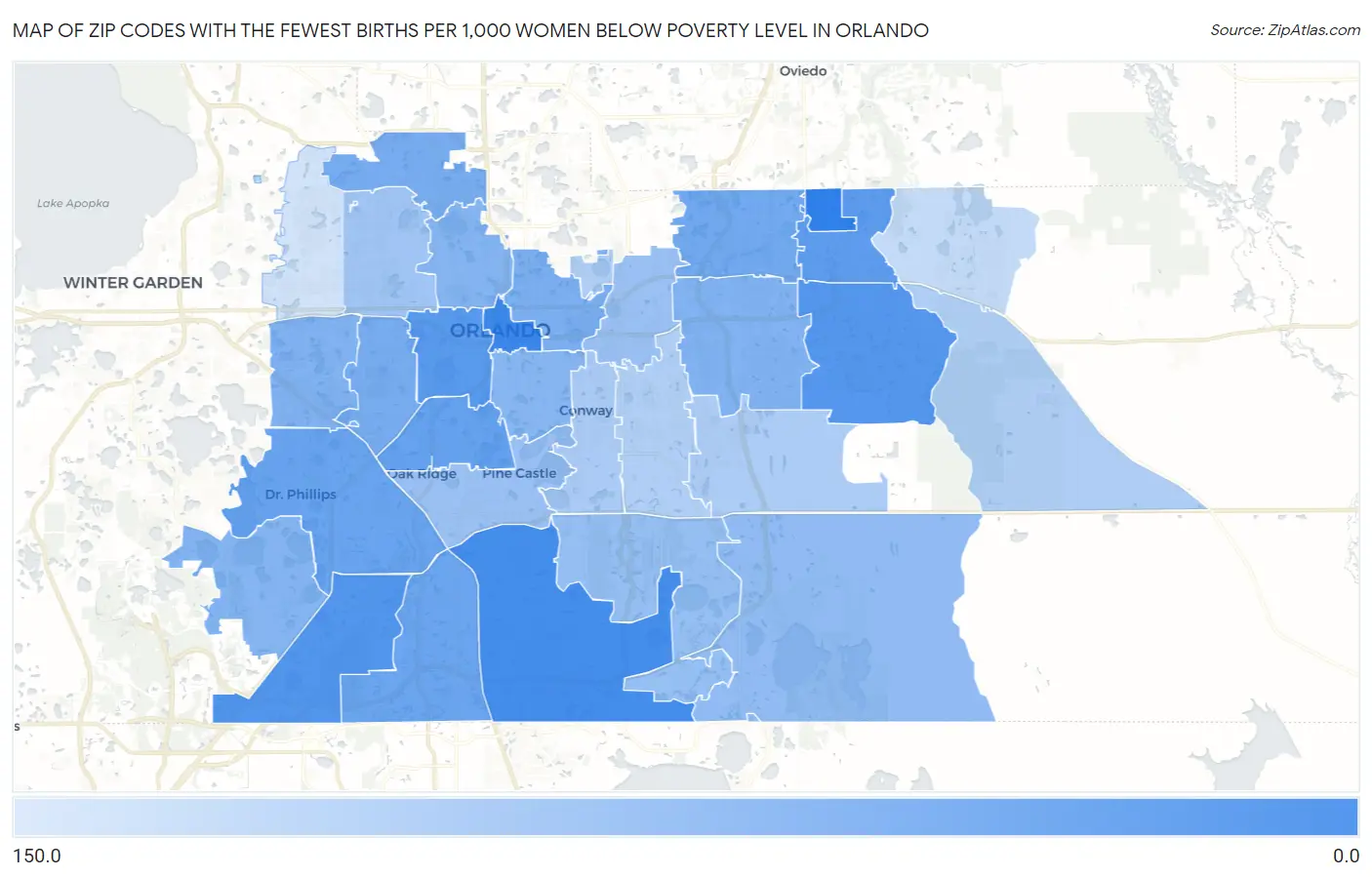 Zip Codes with the Fewest Births per 1,000 Women Below Poverty Level in Orlando Map